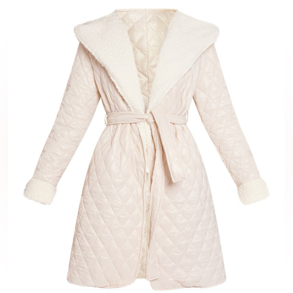 Cream Nylon Quilted Borg Lined Hooded Coat